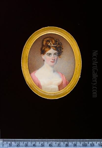 A Lady, Wearing White Dress And Pink Mantle, Her Auburn Hair Upswept, Curled And Dressed With Strand Of Pearls Oil Painting by Samuel John Stump