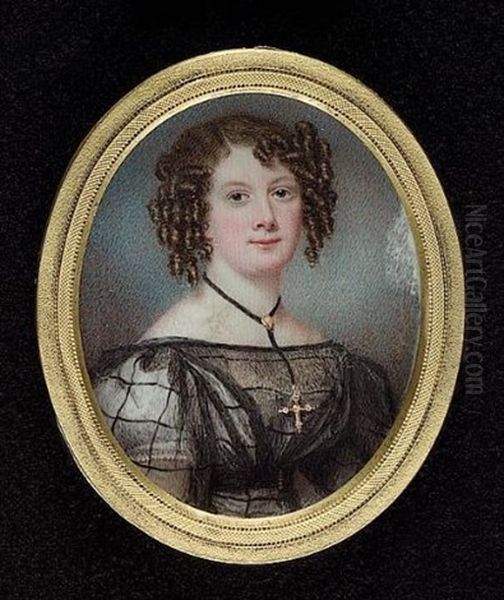 A Lady Wearing White Dress With Black Transparent Overdress, A Large Gold Cross At Her Neck, Her Hair In Ringlets Oil Painting by Samuel John Stump