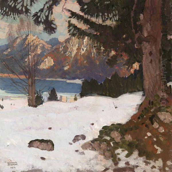 A Winter Lakeside Landscape Oil Painting by Wilhelm Stumpf