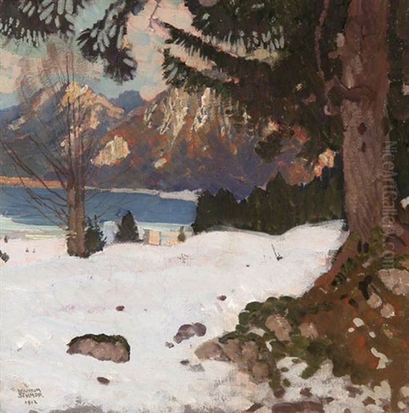 A Winter Lakeside Landscape Oil Painting by Wilhelm Stumpf