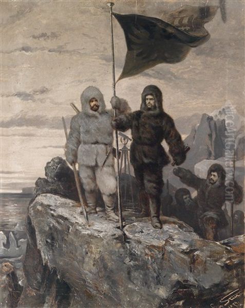 Julius Payer Und Karl Weyprecht Hissen Die Osterreichisch-ungarische Fahne Auf Der Von Ihnen So Benannten Insel Franz-josef-land Oil Painting by Carl von Stur