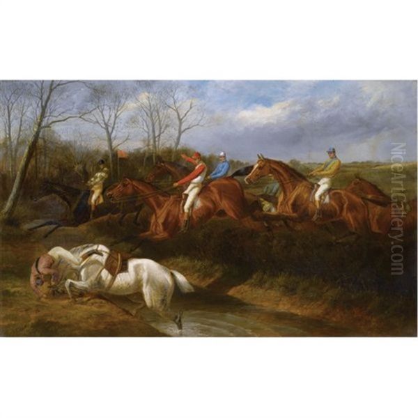 Jockeys Jumping The Ditch Oil Painting by John Sturgess