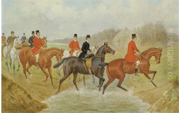 Splashing Through The Ford (+ Straight Goers And Road Riders; Pair) Oil Painting by John Sturgess