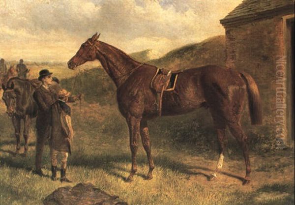 'brag': Study Of A Racehorse With Trainer And Jockey Oil Painting by John Sturgess