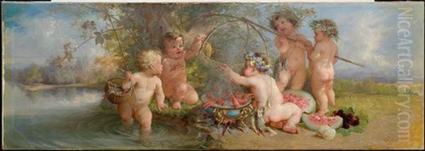 Allegory With Five Putti At A River Oil Painting by Friedrich Sturm