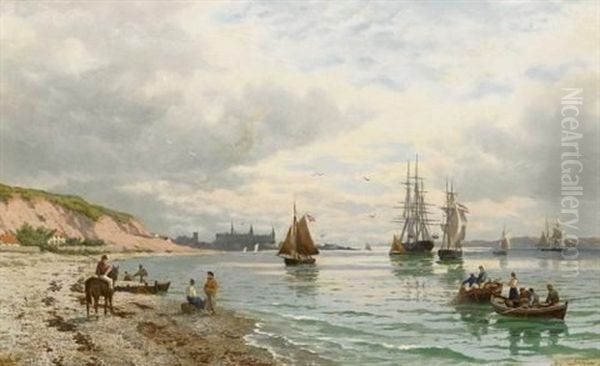 Strandansicht Mit Fischern Mit Blick Auf Schloss Kronborg Bei Helsingor, Danemark Oil Painting by Friedrich Sturm