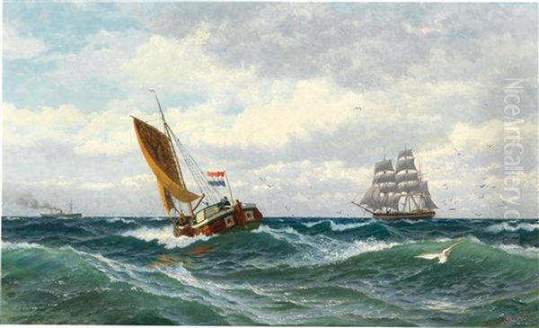 Fishing Boats Meeting On The High Seas Oil Painting by Friedrich Ludwig Christian Sturm