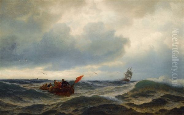 Rough Seas Offshore Warnemunde Oil Painting by Friedrich Ludwig Christian Sturm