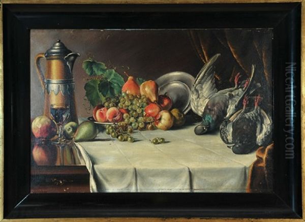 Stillleben Mit Obstschale Und Zwei Tauben Oil Painting by Ludwig Sturm