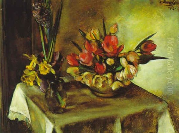 Stilleben Mit Tulpen, Hyazinthe Und Narzissen Oil Painting by Egge (eugen) Sturm-Skrla