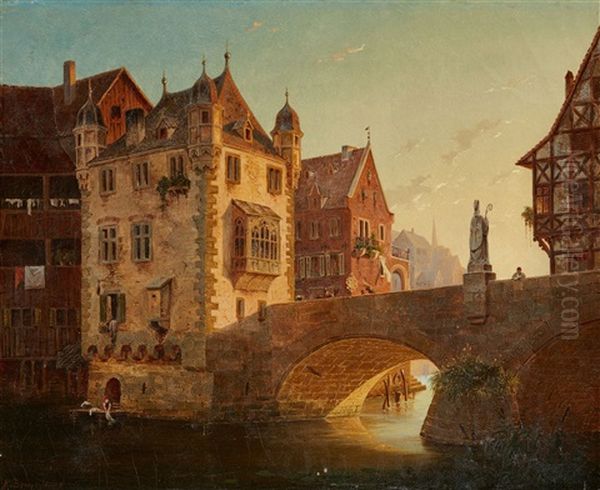 A Romantic City View Oil Painting by Franz Sturtzkopf