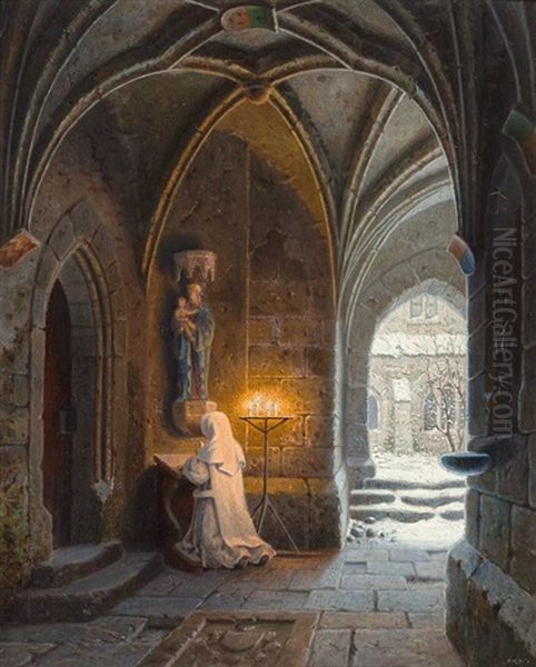 Betende Nonne In Einem Kreuzgang Vor Madonna. Seitlich Durchblick Auf Verschneiten Innenhof Oil Painting by Karl Sturtzkopf