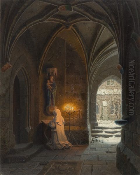 Winterliche Andacht In Einem Gotischen Kreuzgang Oil Painting by Karl Sturtzkopf