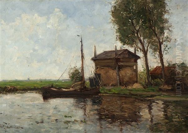 Moored Boat By A Hay Stack Oil Painting by Louis Stutterheim