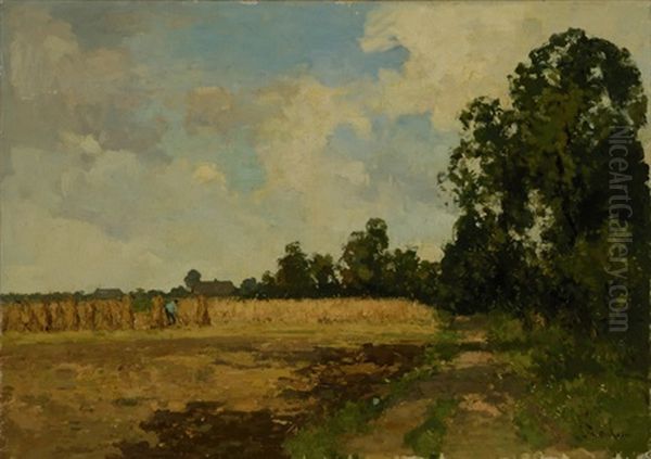 Farmer Near Sheafs Of Corn Oil Painting by Louis Stutterheim