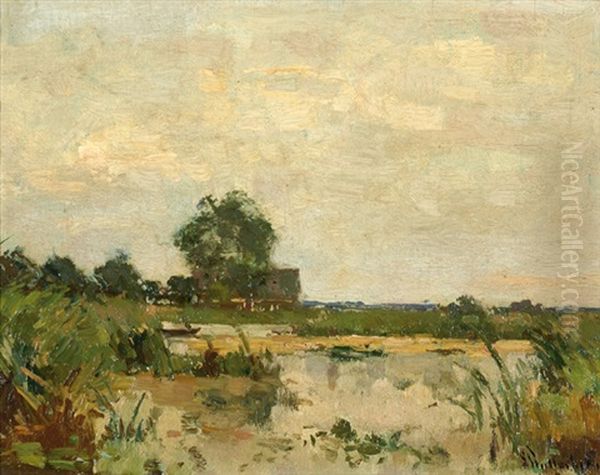 View Of Water And Reeds With A House In The Background Oil Painting by Louis Stutterheim