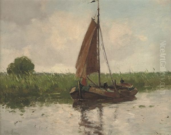 Sailing Along A River (+ Farmer Milking Cow; 2 Works) Oil Painting by Louis Stutterheim