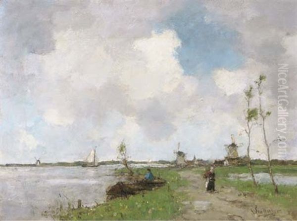 Walking On A Path Along A Lake Oil Painting by Louis Stutterheim