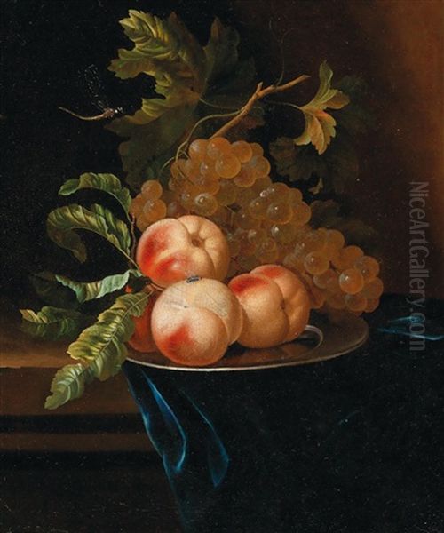 A Pair Of Still Lifes With Peaches And Grapes Oil Painting by Ernst Stuven