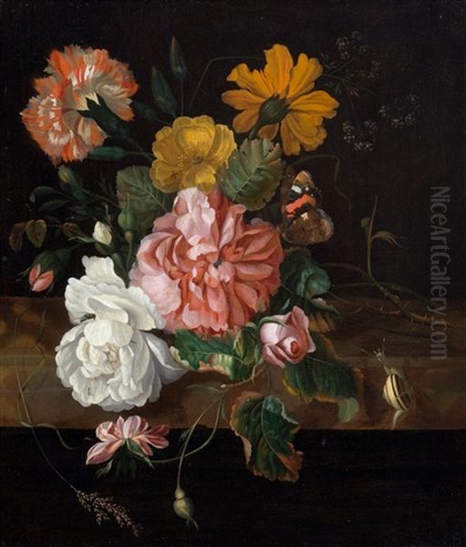 Arrangement Of Flowers On A Stone Slab With Butterfly, Small Snail And Further Insects Oil Painting by Ernst Stuven