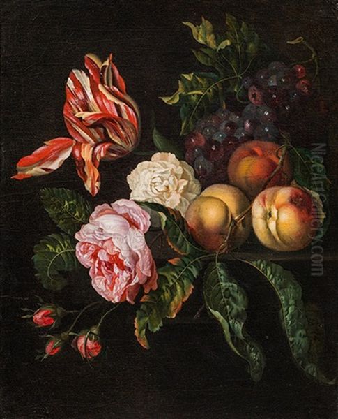 Still Life With Peaches, Grapes And Flowers Oil Painting by Ernst Stuven