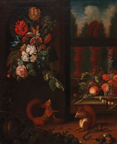 A Still Life With Squirrels Oil Painting by Ernst Stuven