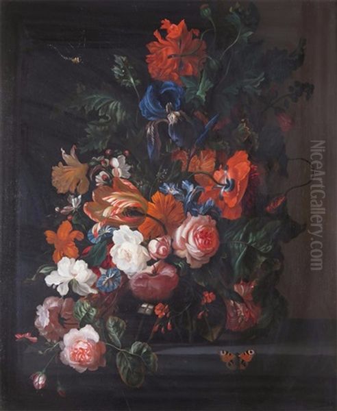 Summer Still Life With Roses, Tulips, Iris And Other Flowers Oil Painting by Ernst Stuven