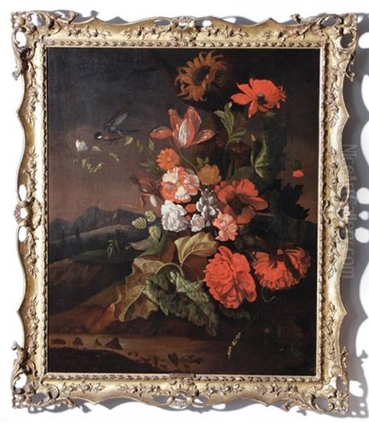 Floral Still Life Within Landscape With Bird And Butterfly Oil Painting by Ernst Stuven