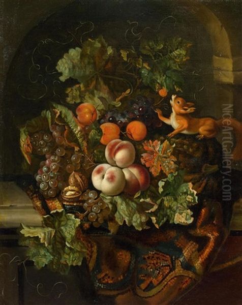 A Still Life With Grapes, Peaches, Apricots, Walnuts, Chestnuts, A Pumpkin And A Squirrel Oil Painting by Ernst Stuven