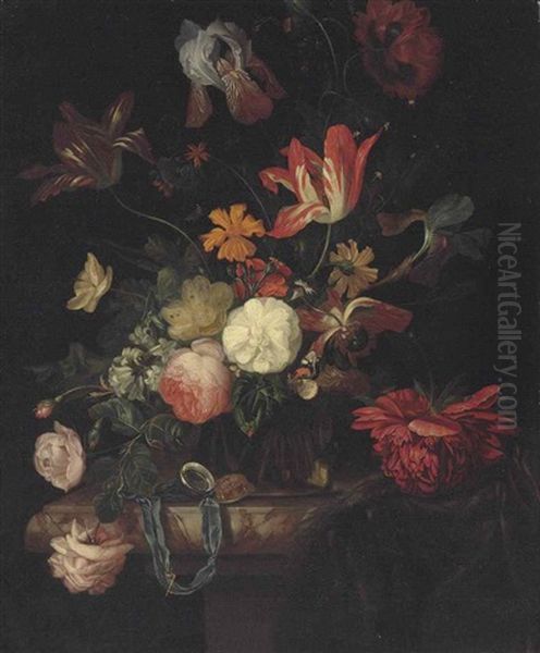 Roses, Tulips, Irises And Other Flowers In A Glass Vase, With An Open Pocket Watch And Key, On A Marble Ledge Oil Painting by Ernst Stuven