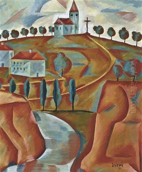 Church On A Hill (recto); Saint Sebastian (verso) Oil Painting by Jindrich Styrsky