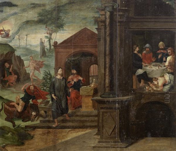 Christ In The House Of Simon The Pharisee And Other Scenes From The Life Of Christ Oil Painting by Lambert Suavius