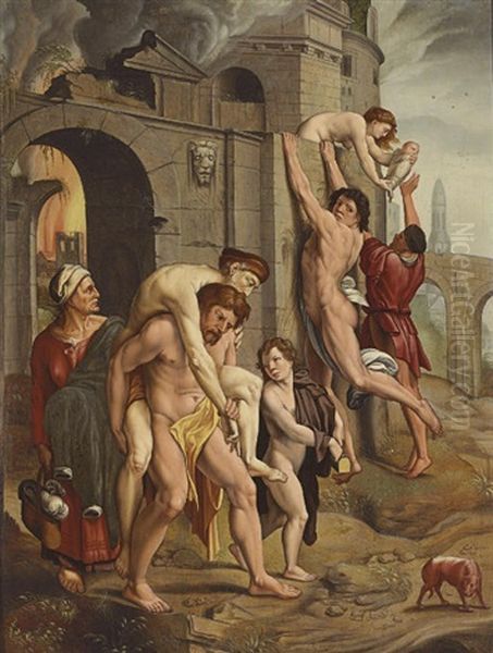 Aeneas Rescues His Father Anchises From The Burning Troy Oil Painting by Lambert Suavius