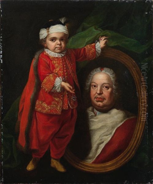 Portrait Of A Dwarf Holding A Portrait Of Cardinal Valenti Gonzaga Oil Painting by Pierre Hubert Subleyras