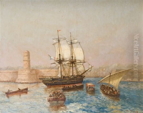 Navires Entrant Dans Le Port De Marseille Oil Painting by Joseph Francois Suchet