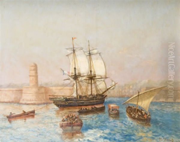 Navires Entrant Dans Le Port De Marseille Oil Painting by Joseph Francois Suchet