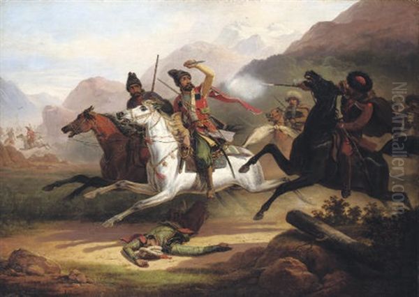 Caucasian Battle Oil Painting by Janvier (January) Suchodolski