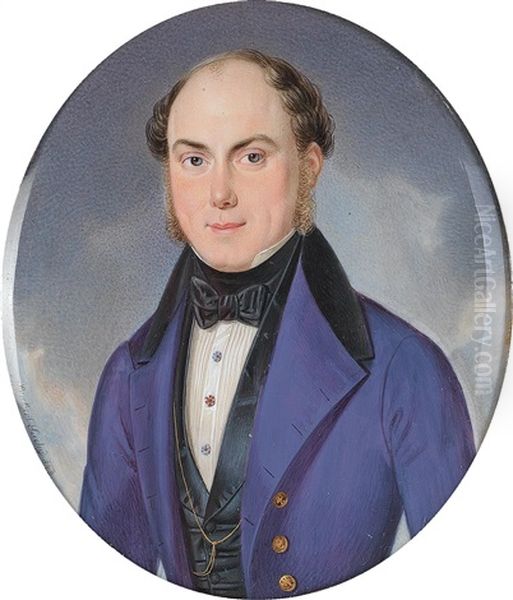 Portrait Of A Gentleman With A Bald Head In A Plum-blue Jacket Against A Cloudy Background Oil Painting by Adalbert Suchy