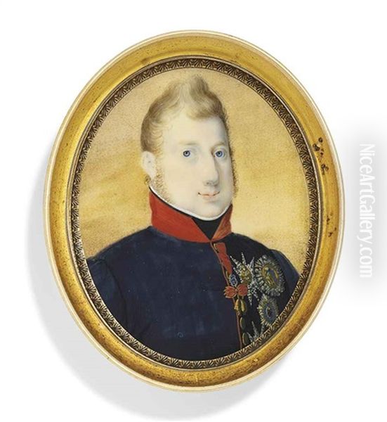 Leopold Of Bourbon-naples, Prince Of Salerno, In Red-piped Blue Coat With Red Collar, Black Stock, Wearing The Jewel Of The Order Of The Golden Fleece Oil Painting by Adalbert Suchy