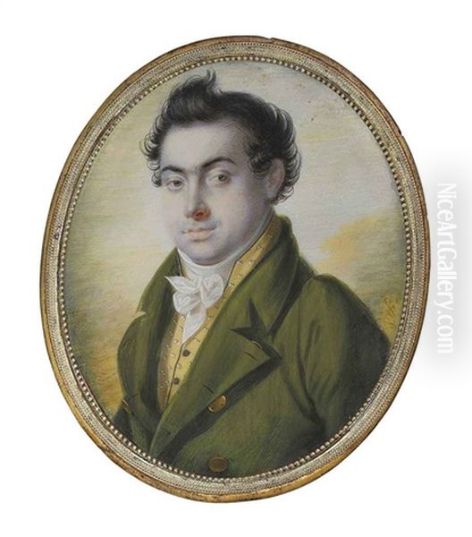 A Young Gentleman, In Green Coat With Brass Buttons, Spotted Ochre Waistcoat, Tied White Cravat Oil Painting by Adalbert Suchy