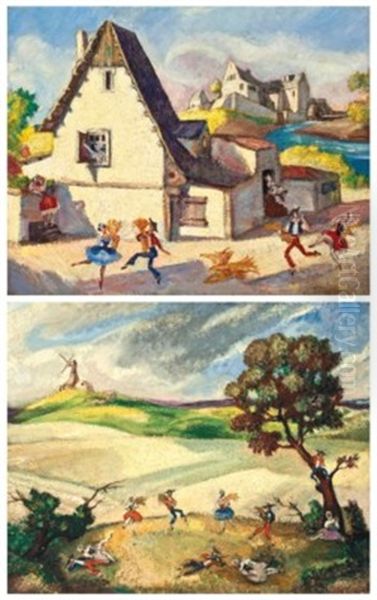 Two Set Designs For 'la Fille Mal Gardee': Act I, Scene 2; And Act Ii, Scene 3 Oil Painting by Sergei Yur'Evich Sudeikin