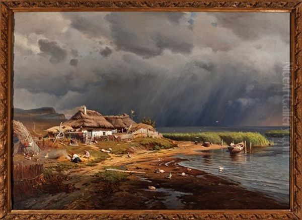 Farmer's Cottage On River Bank Oil Painting by Rufin Gavrilovich Sudkovsky