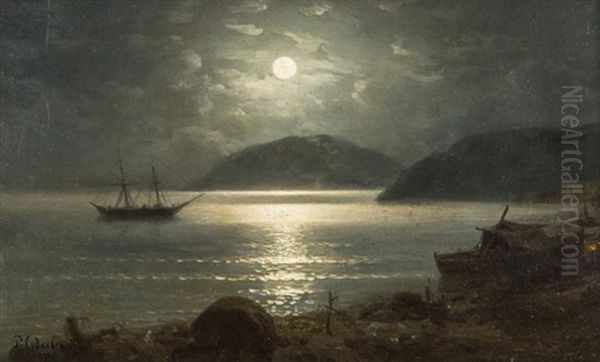 Ship On A Moonlit Bay Oil Painting by Rufin Gavrilovich Sudkovsky