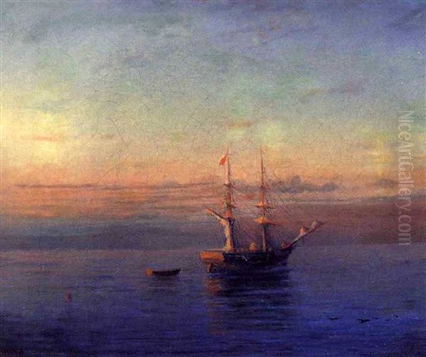 Voilier Et Barque Au Soleil Couchant Oil Painting by Rufin Gavrilovich Sudkovsky