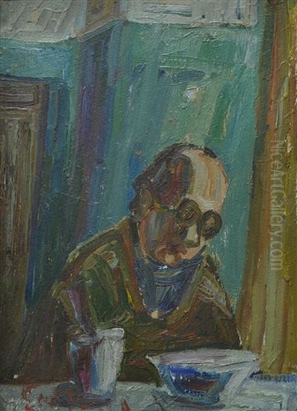 A Man With Glasses At The Table Oil Painting by Nikolay Suetin