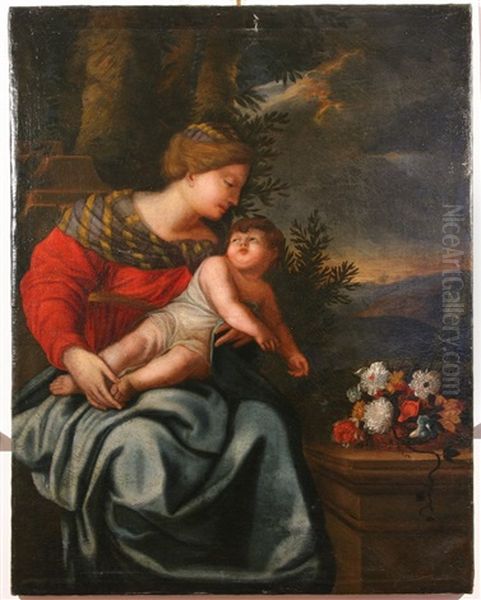 Seated Mother And Child With Flowers Oil Painting by Eustache Le Sueur