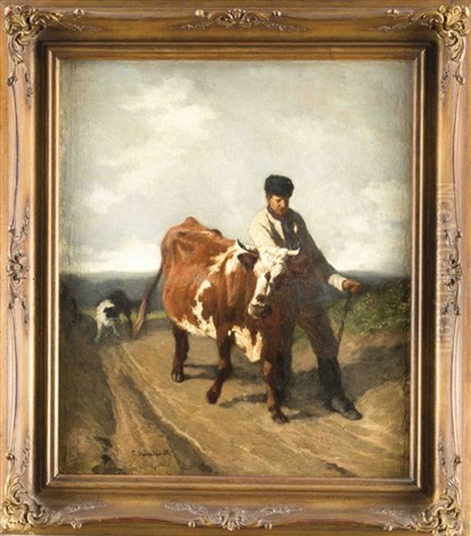 Bauer, Von Einem Hund Begleitet, Treibt Einen Bullen Zum Hof Oil Painting by Carl Suhrlandt