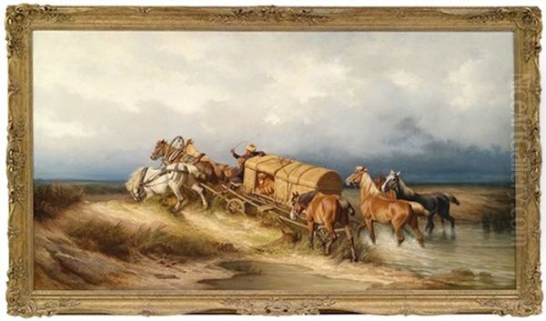 Russische Troika Beim Durchqueren Einer Furt Oil Painting by Carl Suhrlandt