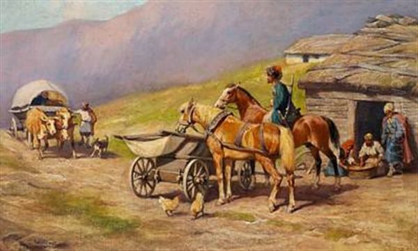 Farmers And A Horseman At A Cottage In The Caucasus Oil Painting by Carl Suhrlandt