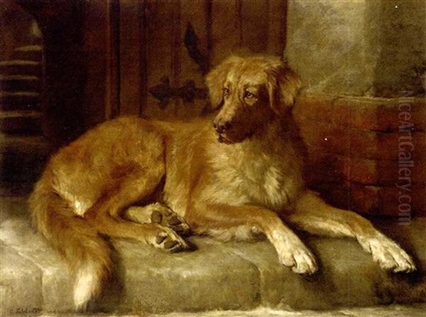 Waiting For Master - A Golden Retriever Oil Painting by Carl Suhrlandt